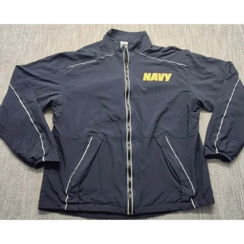 US Navy Running Jacket blue zip reflective windbreaker Med. USA water resistance